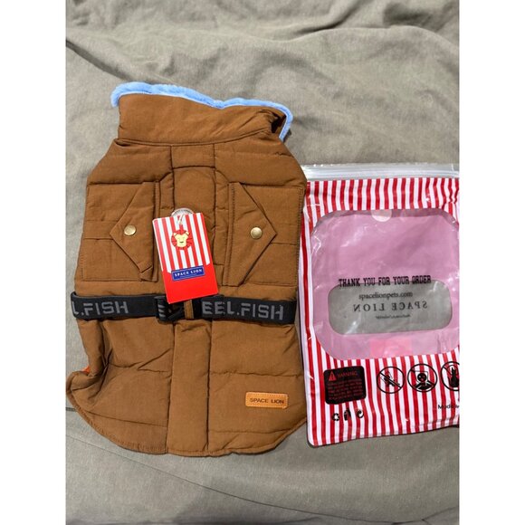 Space Lion Orange Quilted Dog Jacket M Warm Fleece Lining Adjustable Belt Button - Picture 1 of 7